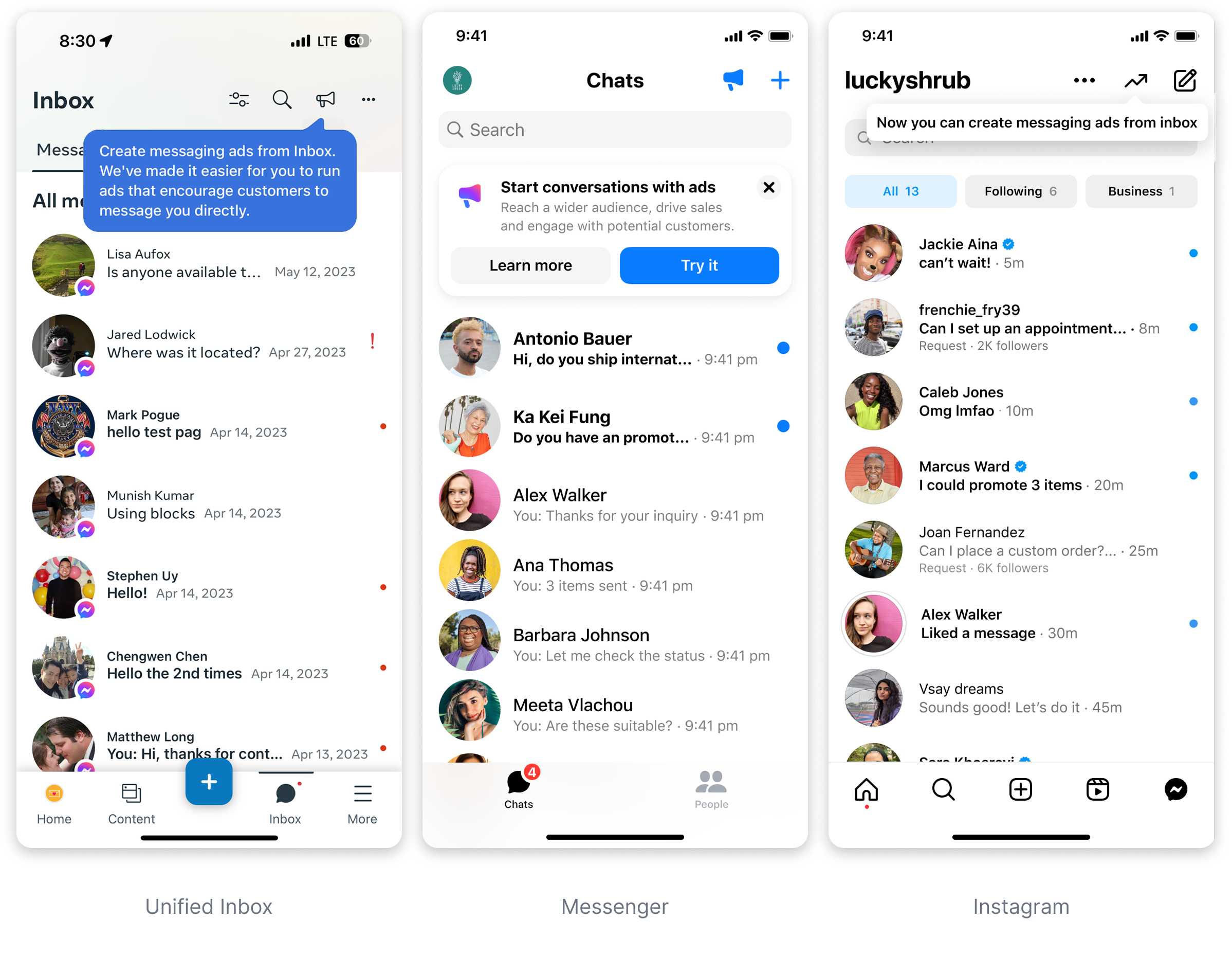 New inbox experiences with permanent entry points and ad creation flows
